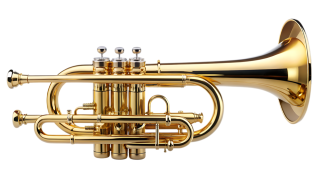 high quality stock photo of a golden trumpet isolated - on a white background PNG. GENERATIVE AI