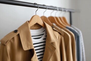 Obraz premium Row of stylish coats and striped shirt on hangers in modern wardrobe display.