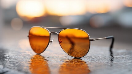 Stylish orange-tinted aviator sunglasses on reflective surface.