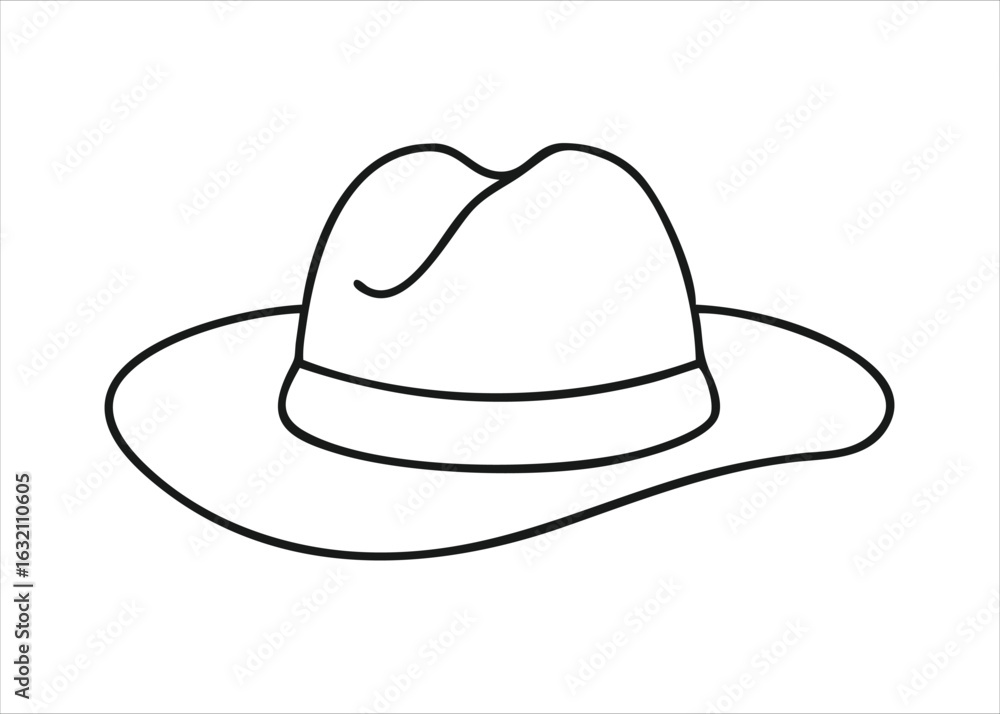 Poster a minimalist single continuous line drawing of a classic cowboy hat presented as a simple graphic el