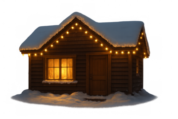 Cozy wooden cabin covered in snow with glowing christmas lights at night with transparent background