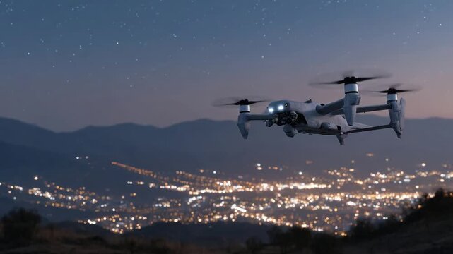 A military drone swarm takes flight from a ground base, lighting up the twilight skies.