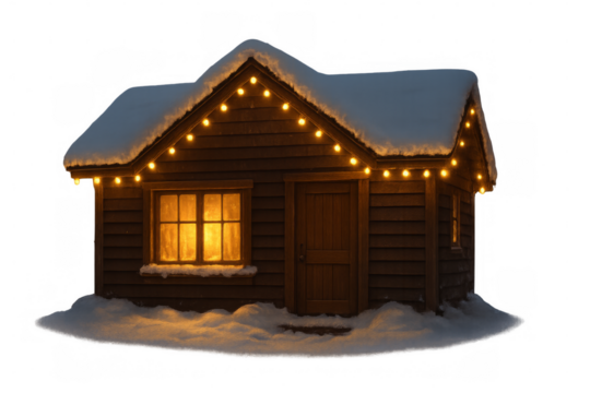 Cozy wooden cabin covered in snow with glowing christmas lights at night with transparent background