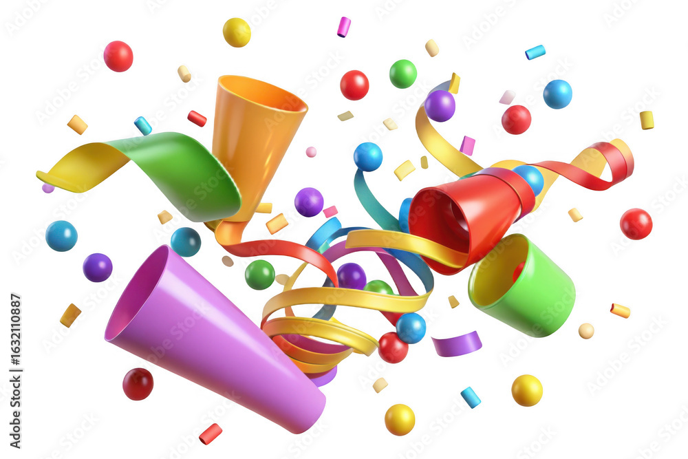 Aufkleber 3d party poppers exploding with confetti and streamers isolated on transparent background