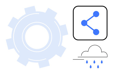 Gear symbol, networking share icon, and rain cloud with falling drops represent innovation, connectivity, weather, sustainability, and systems thinking. Ideal for tech, environment energy