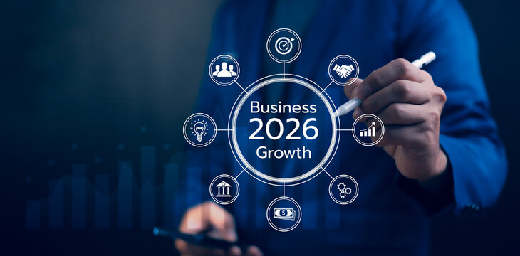 Business Growth Strategy for 2026. A businessman interacts with a digital interface showing Business Growth 2026, by icon representing key strategies like innovation, teamwork, finance, and marketing.