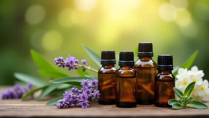 Amber essential oil bottles, lavender and white flowers, serene nature background, wellness product photography.