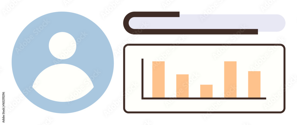 Poster user profile icon beside a bar graph chart and a horizontal book element. ideal for education, analy