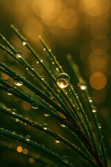 Morning dew droplets on emerald pine needles creating prismatic reflections in golden sunrise light macro photography