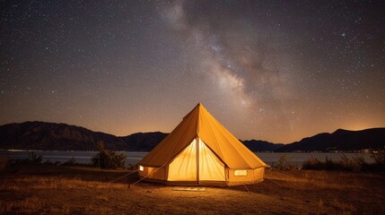 Stunning night sky: illuminated tent under starry sky by lake and mountains.