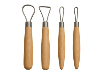Set of ribbon clay sculpting tools with wooden handles on transparent background