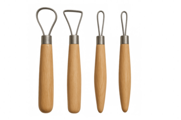 Set of ribbon clay sculpting tools with wooden handles on transparent background