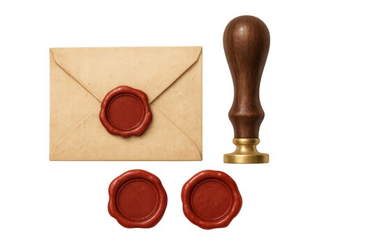 Sealing wax, stamper and envelope on transparent background
