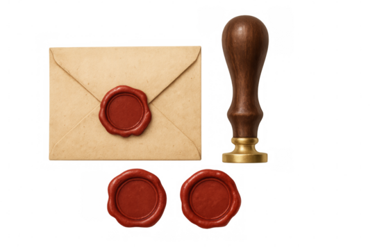 Sealing wax, stamper and envelope on transparent background