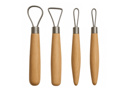 Set of ribbon clay sculpting tools with wooden handles on transparent background