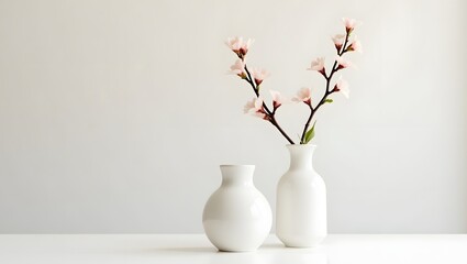 Elegant minimalist spring blossoms in sleek white ceramic vases, serene studio setting.