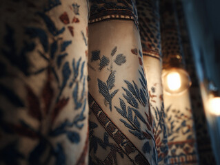 Traditional patterned fabric hanging under soft light