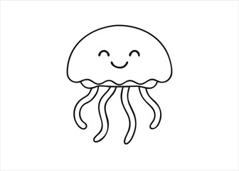 A cheerful cartoon jellyfish with a friendly smile and a simple outline illustration presented isolated on white background