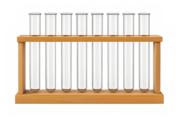 Empty test tubes in wooden rack on transparent background
