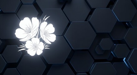 Geometric Blooms: A Luminous, Stylized Flower Motif Against a Modern, Dark Hexagonal Background







