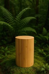 Sustainable bamboo product display stand surrounded by living moss and ferns in natural forest environment