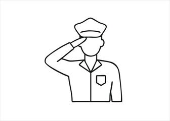 A detailed line art depiction of a soldier offering a respectful salute in a classic black and white style isolated on white background