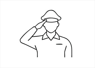A detailed line art illustration of a military service member performing a formal salute with clean black outlines on a white background isolated on white background