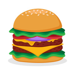 Vector illustration of a burger with a double patty, melted cheese, cheese slices, double lettuce, tomato and onion.
