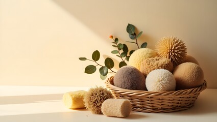 Natural bath sponges and textured organic elements in a wicker basket, minimalist aesthetic, warm light.