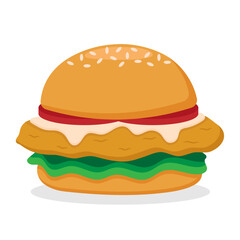 Vector illustration of a burger with a chicken patty, tartar sauce, lettuce, and tomato.