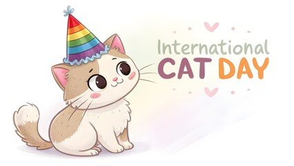 Adorable kitten celebrates international cat day wearing a rainbow party hat