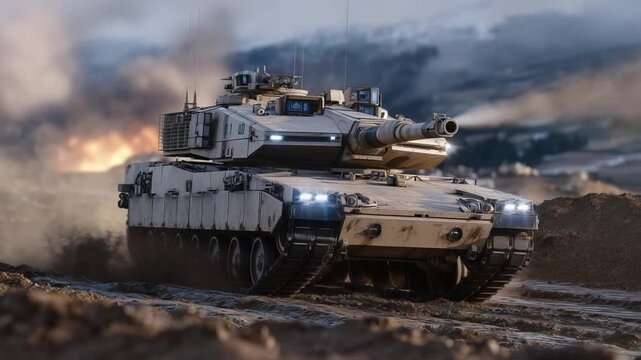 A massive battle tank maneuvers through a muddy field, its turret rotating as dust clouds rise.