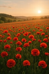 Fototapeta premium Vibrant summer poppy field with red flowers swaying in gentle breeze creating romantic countryside landscape