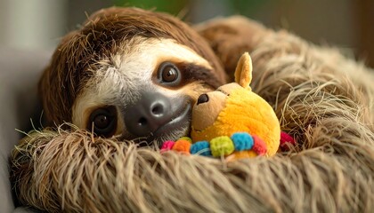 Obraz premium Adorable sloth resting with a yellow plush toy, nestled in a cozy straw bed