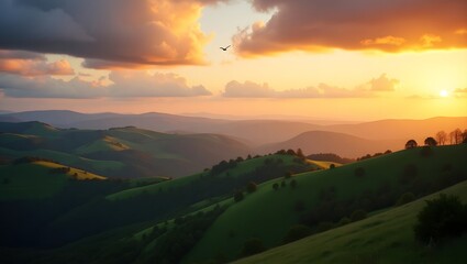 Serene Sunset Over Rolling Green Hills; Dramatic Sky, Golden Hour Light, Peaceful Landscape Photography
