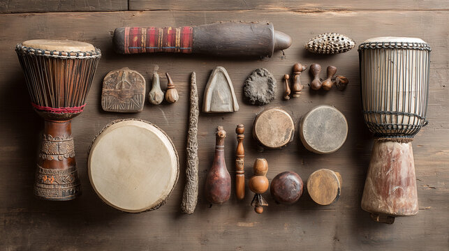 African musical instruments on rustic wooden floor