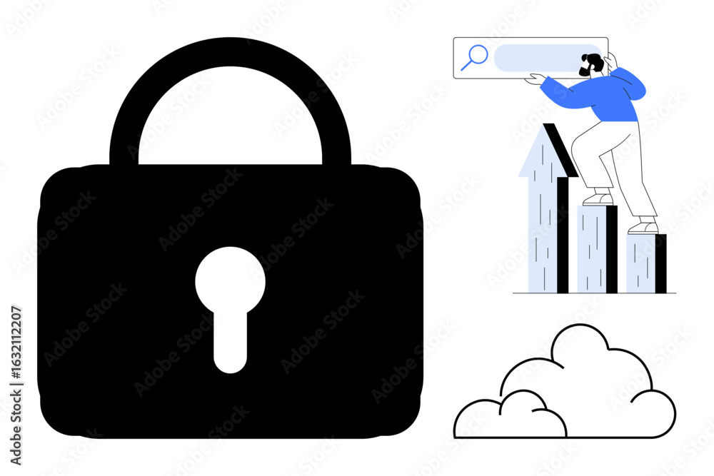 Aufkleber large lock for security, person climbing bar graph with search magnifier, cloud element. ideal for d