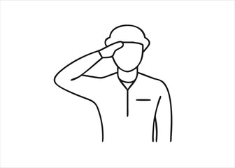 A striking black and white line art depiction of a military service member rendering a formal salute presented cleanly isolated on white background