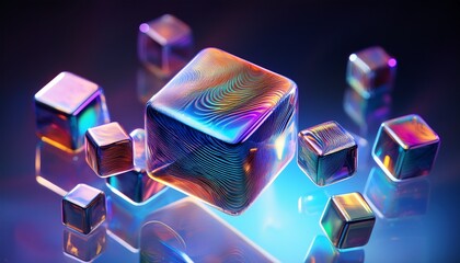 floating cubes with iridescent liquid surfaces