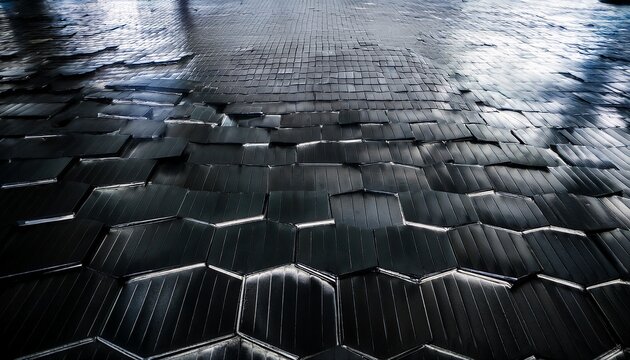 textured black hexagonal tiles modern architecture digital design indoor environment close up view contemporary concept