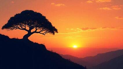 Serene Sunset Silhouette: Solitary Tree on Mountain Ridge, Warm Golden Hues