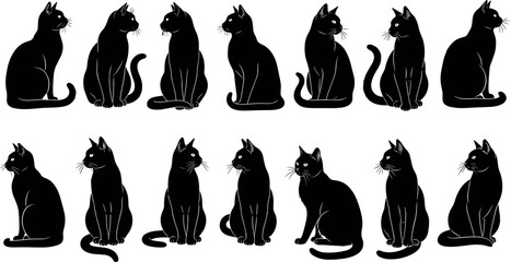 Black Cat Silhouettes Sitting in Various Poses, Vector Illustration for Animal Art, Pet Graphics, Feline Design, Adobe Stock Image