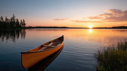 Fototapeta premium Tranquil lake sunset with empty canoe and reflective water scene.
