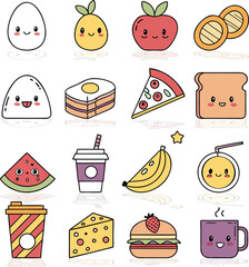 Delightful Food Icons Collection Whimsical Kawaii Style Featuring Egg Lemon Apple Apricot Rice Sandwich Pizza.