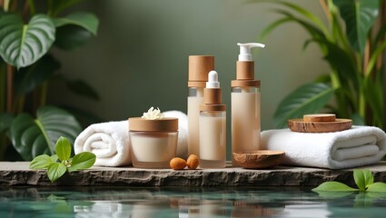 Serene Spa Products: Organic Skincare Bottles, Wooden Accents, Tranquil Setting