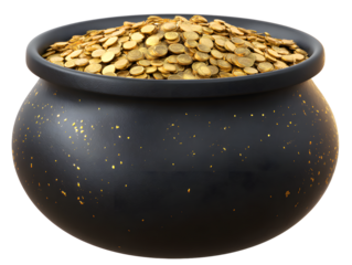 Black cauldron of gold coins isolated on transparent or white background, png