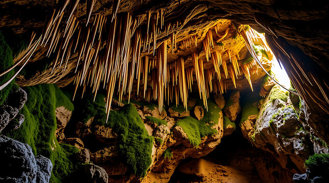 The dark grotto reveals a stunning underground waterfall with ancient rock formations and stalactites