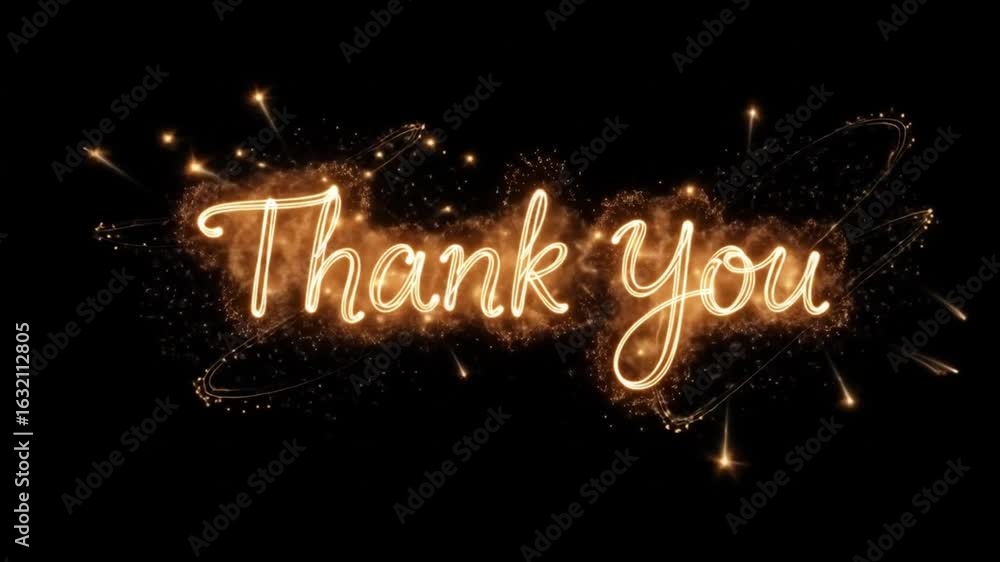 Poster dynamic animated thank you messages with golden glowing particles and shimmering light trails on