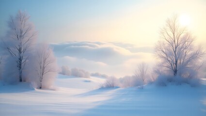 Serene Winter Landscape: Frost-Covered Trees, Misty Hills, Soft Sunrise Light