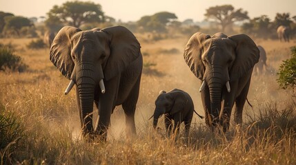 Obraz premium African Elephant Family Walking Through Grassland – Gentle Giants of the Savanna